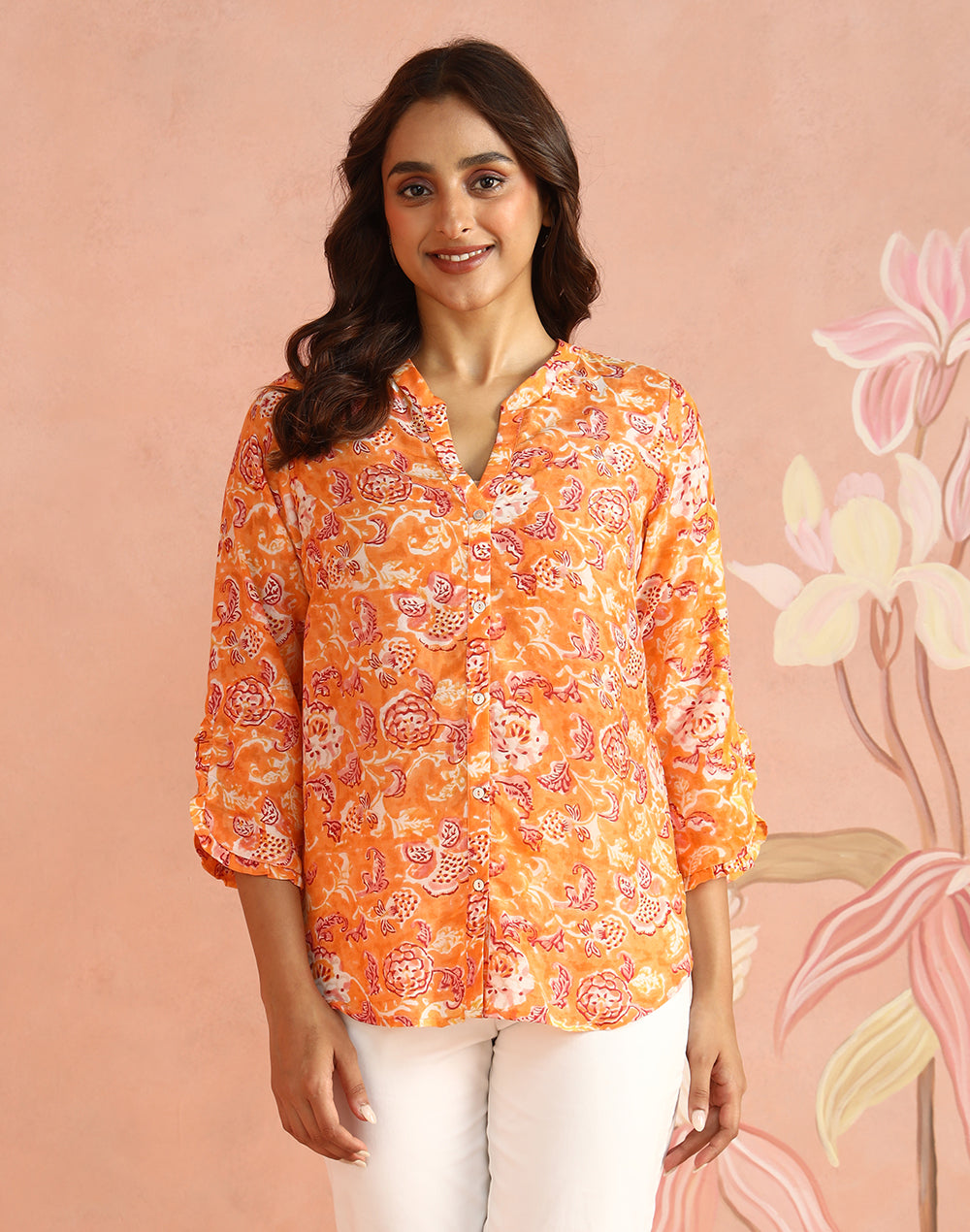 Block print detail on the Peach Block Print Floral Shirt