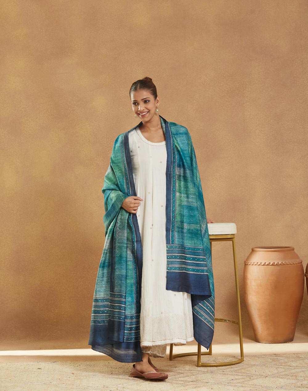 Navy Silk Hand Block Printed Dupatta