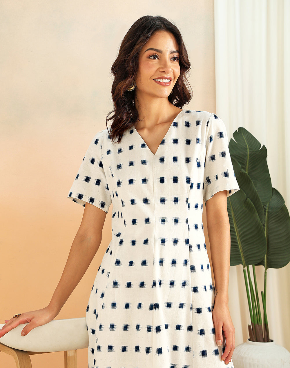 White Cotton Ikat Short Dress