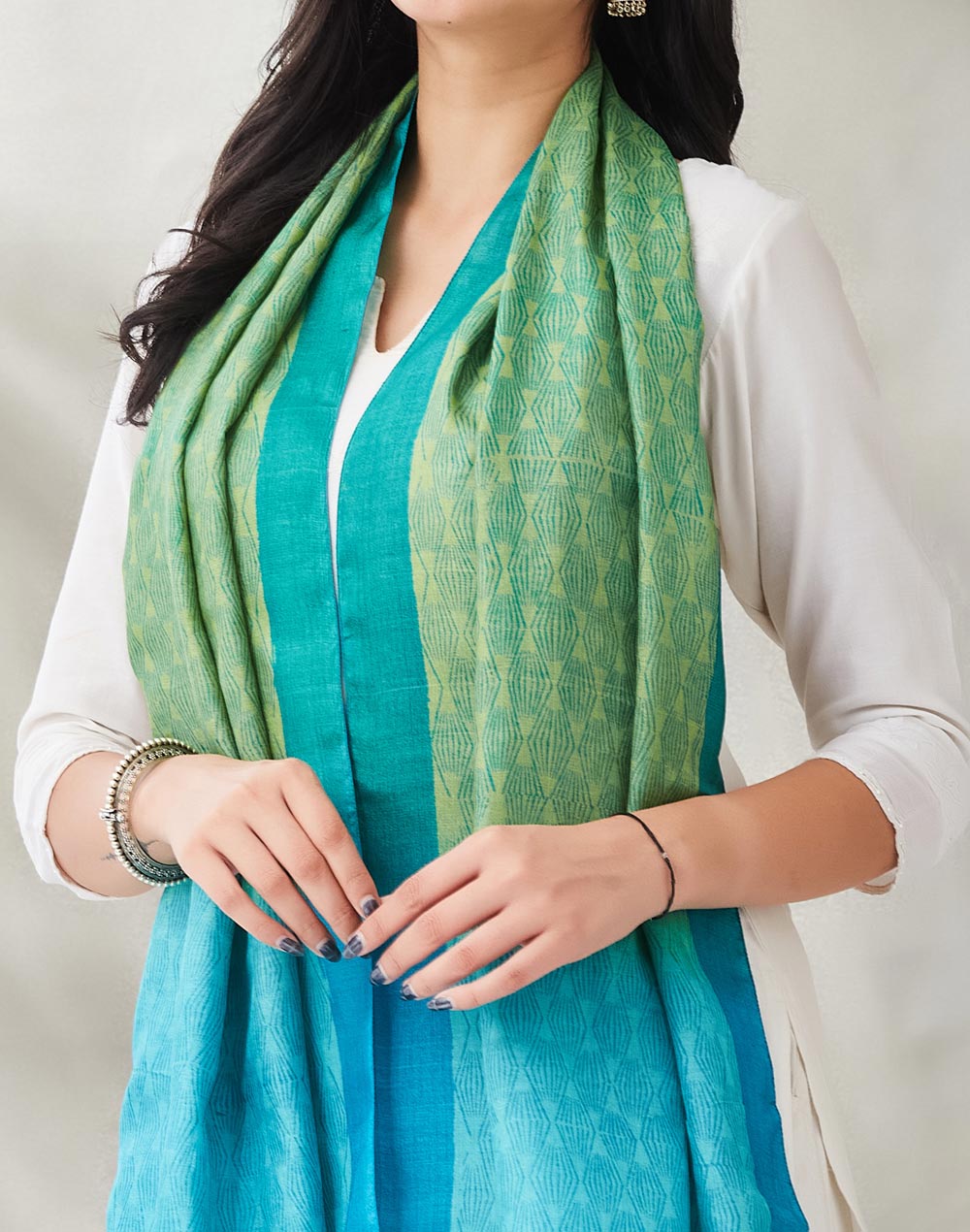Green Silk Hand Block Printed Stole