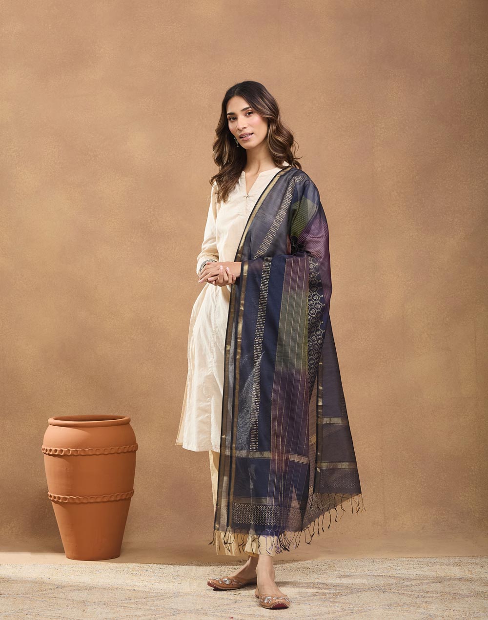 Navy Cotton Silk Blend Hand Block Printed Dupatta