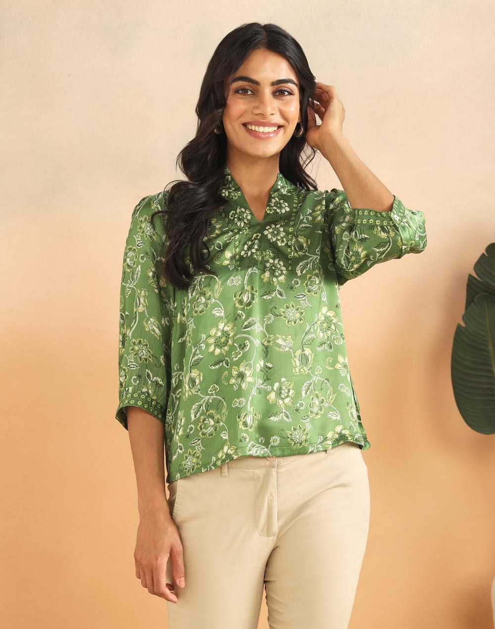 Green Rayon Blend Hand Block Printed Helen Top