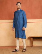 Blue Block Print Long Kurta with Chinese collar and full sleeves