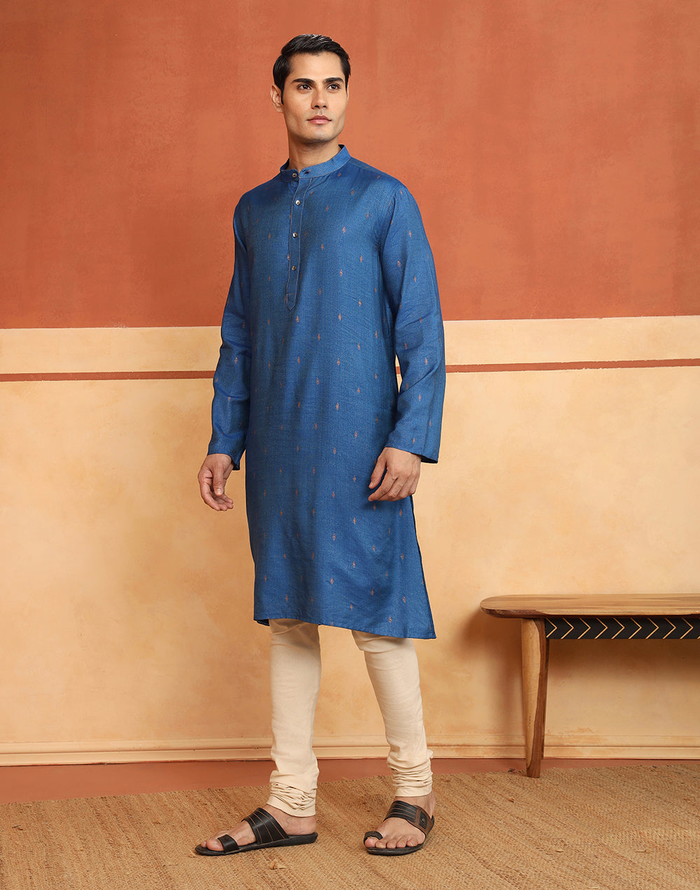 Blue Block Print Long Kurta with Chinese collar and full sleeves