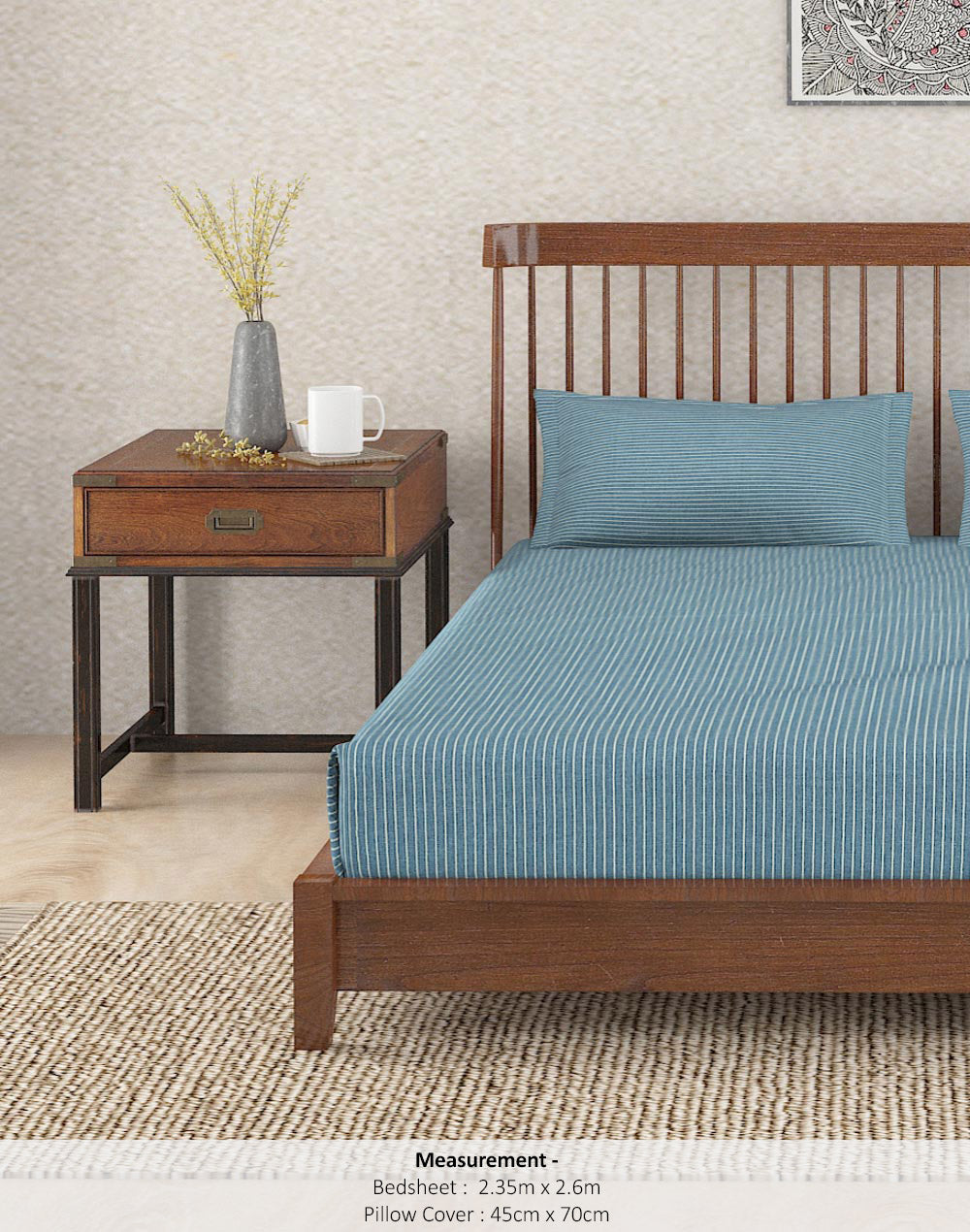 Navy Nile Stripe Cotton Bed Sheet With 2 Pillow Covers