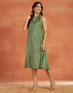 Green Rayon Blend Hand Block Printed Marilyn Halter Midi Dress