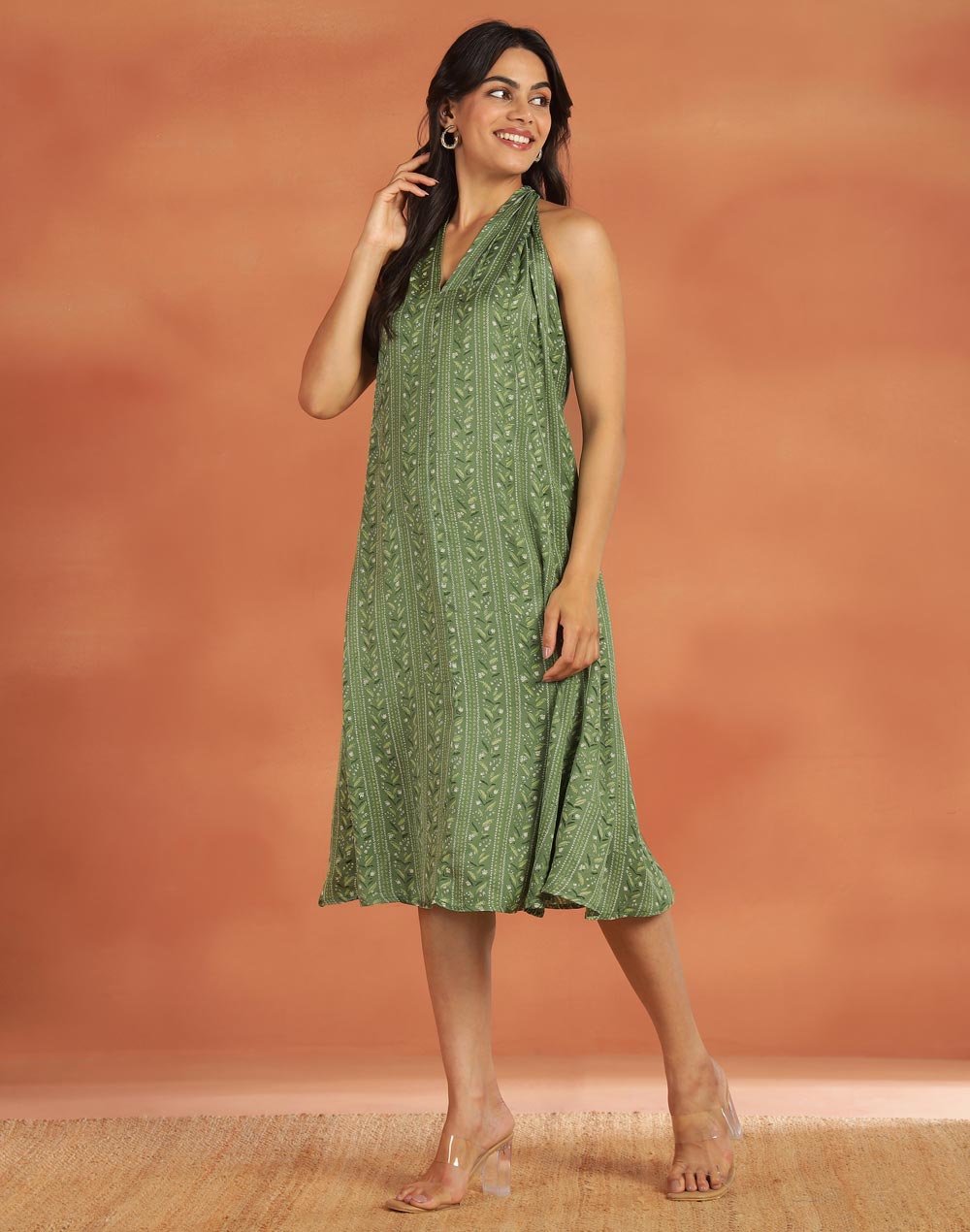 Green Rayon Blend Hand Block Printed Marilyn Halter Midi Dress