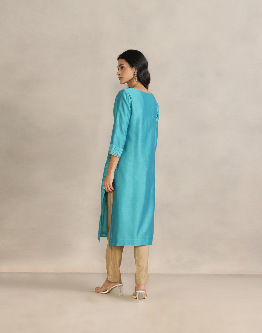 Turquoise Cotton Silk Pintucks Long Kurta