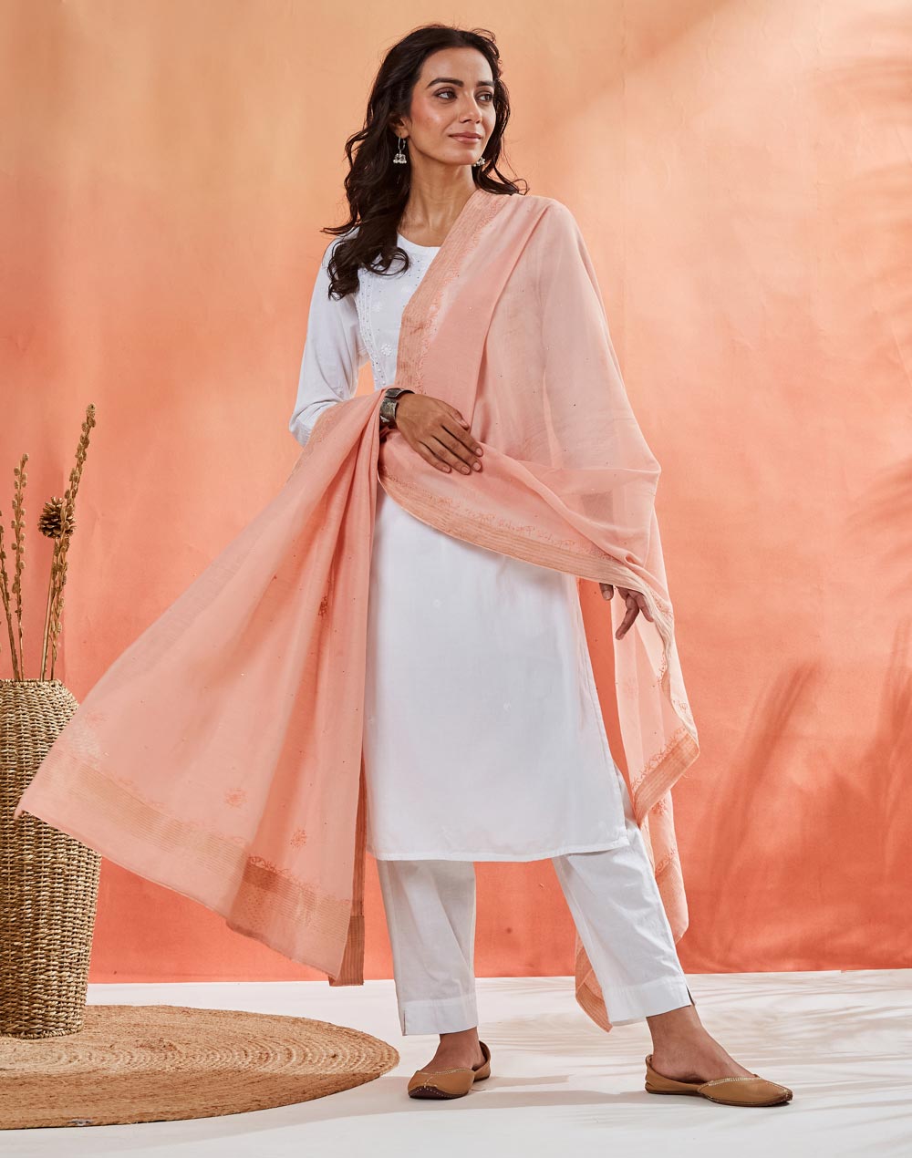 Pink Cotton Silk Blend Chikankari Dupatta