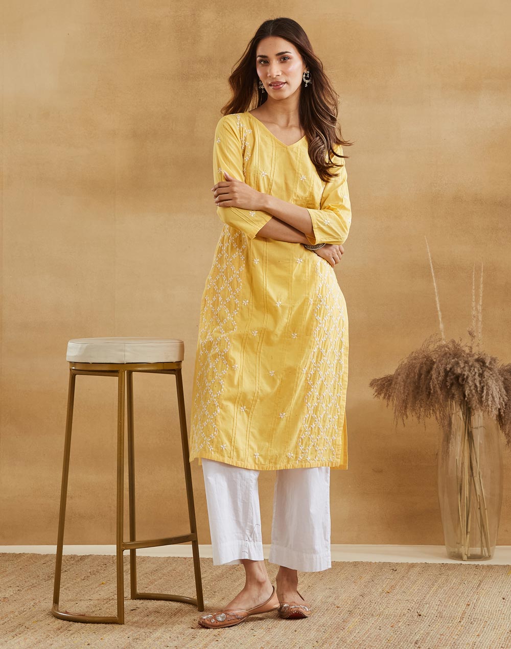 Yellow Cotton Chikankari Long Kurta