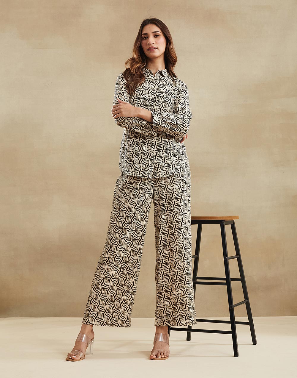 Beige Cotton Bagru Printed Shirt & Pant Set