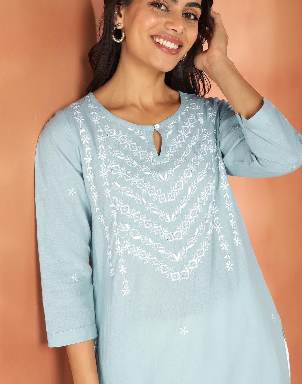 Green Cotton Chikankari Knee Length Kurta