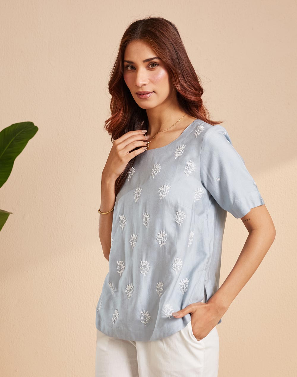 Light Blue Silk Blend Chikankari Arcadian Top