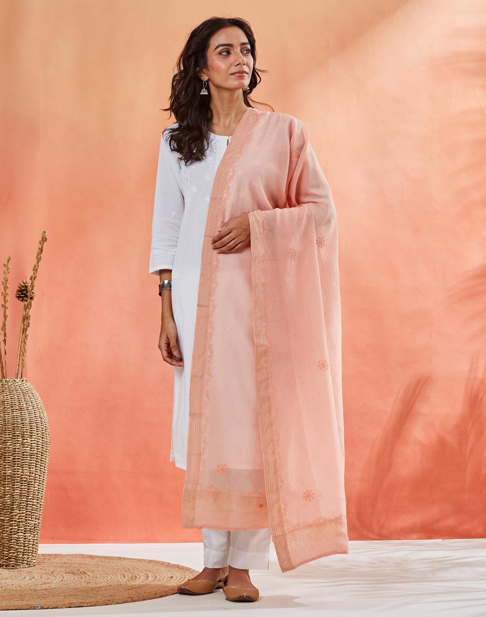 Pink Cotton Silk Blend Chikankari Dupatta