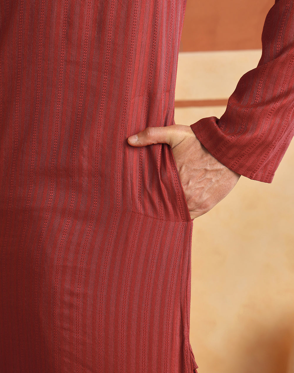 Red Viscose Dobby Long Kurta for Men with a textured dobby weave
