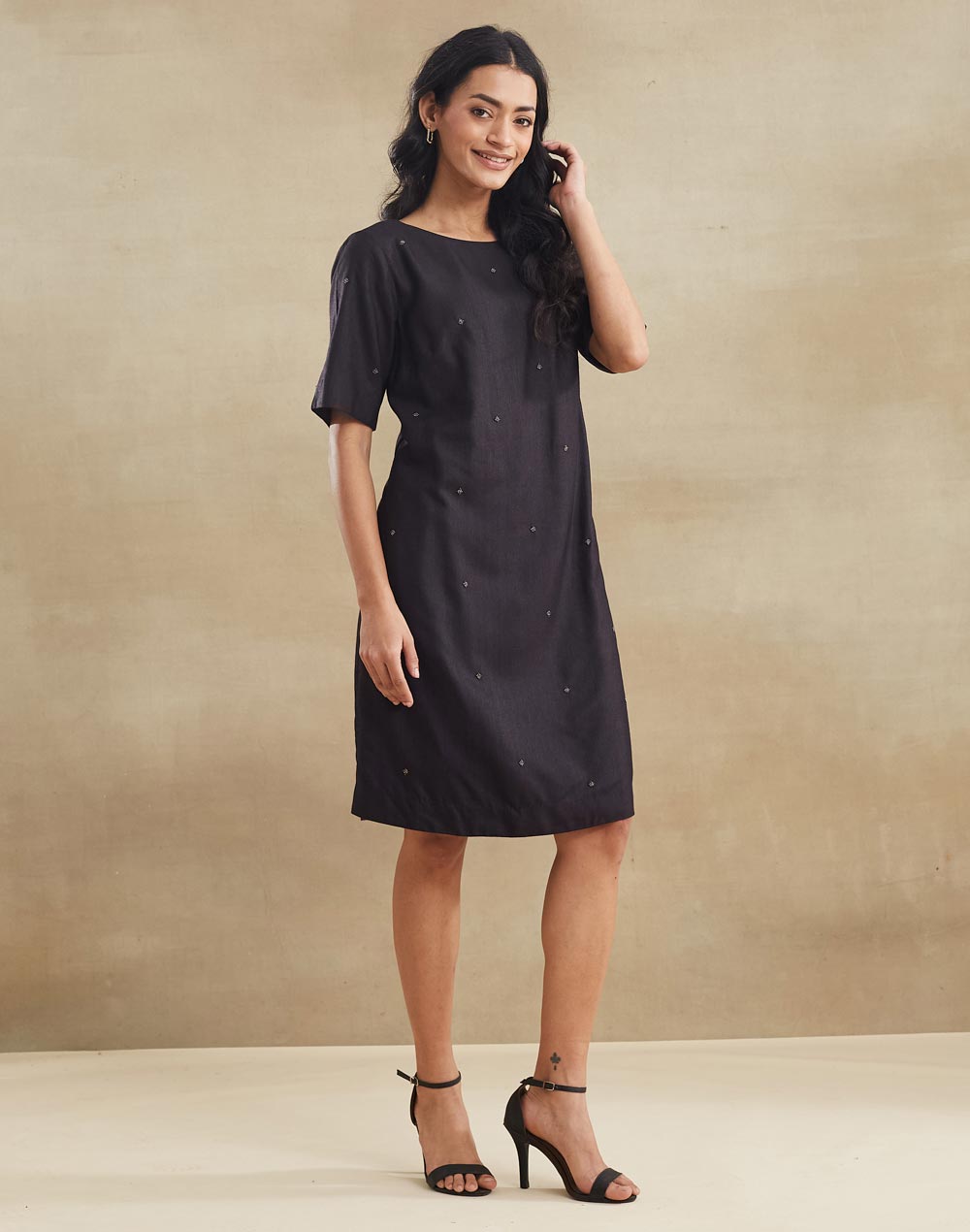 Black Viscose Silk Short Dress