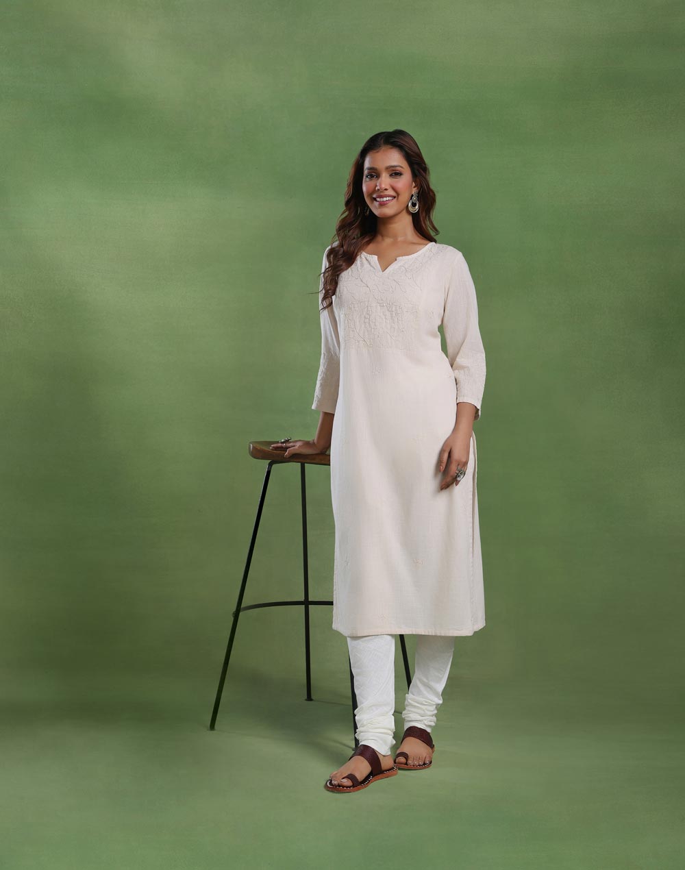Beige Cotton Chikankari Long Kurta