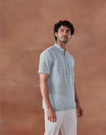 Blue Cotton Hand Block Printed Slim Fit Mid Placket Shirt