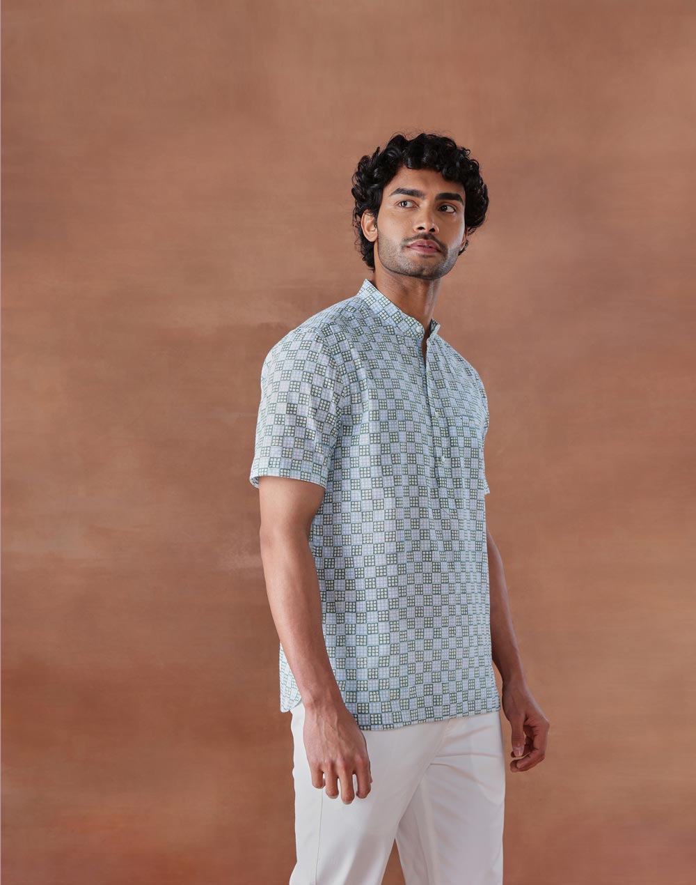 Blue Cotton Hand Block Printed Slim Fit Mid Placket Shirt