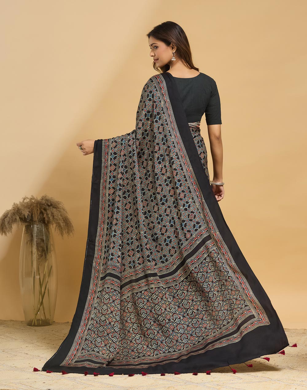 Black Viscose Blend Ajrakh Printed Sari