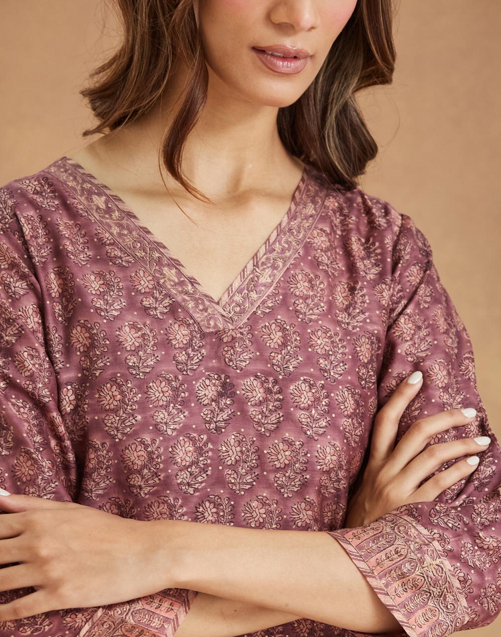 Purple Cotton Silk Hand Block Printed Knee Length Kurta
