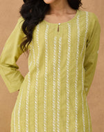 Green Cotton Chikankari Knee Length Kurta