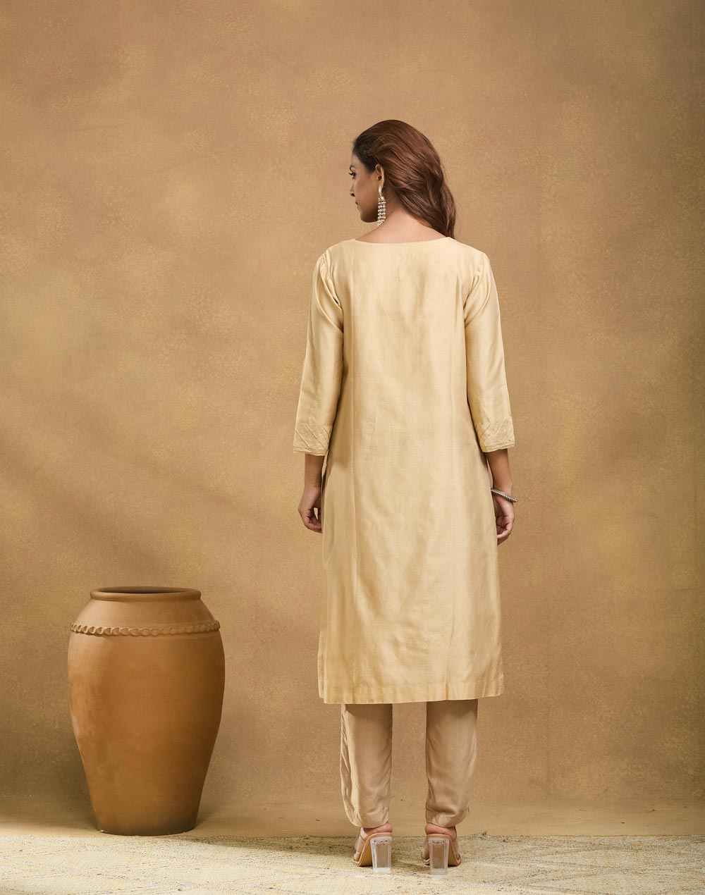 Beige Cotton Silk Embroidered Long Kurta