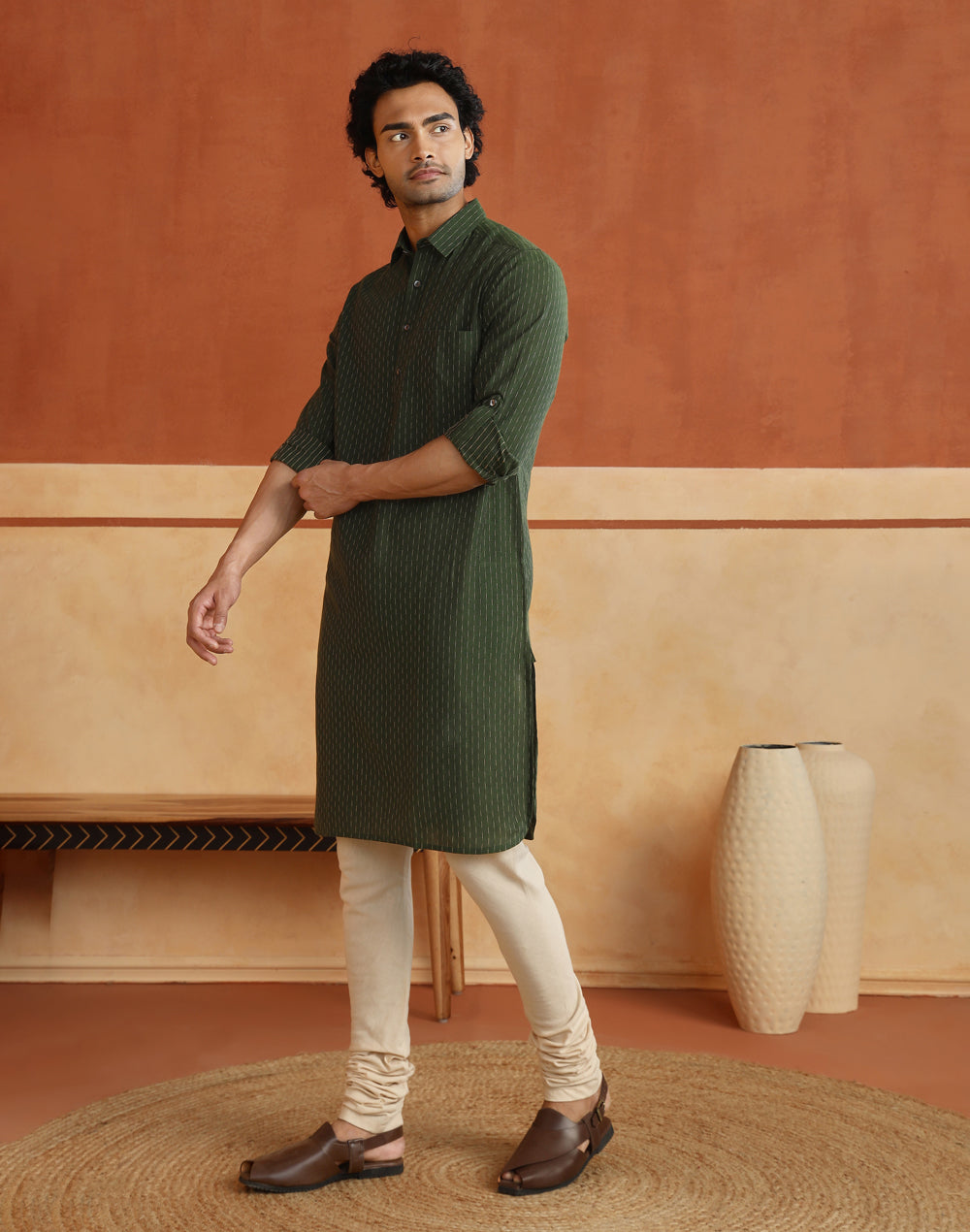 Green Cotton Dobby Slim Fit Pathani