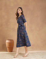 Blue Cotton Bagru Printed Midi Dress