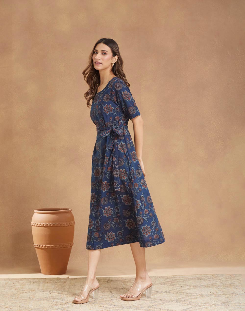 Blue Cotton Bagru Printed Midi Dress