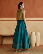 Lime-Teal Cotton Blend Hand Block Printed Skirt Set