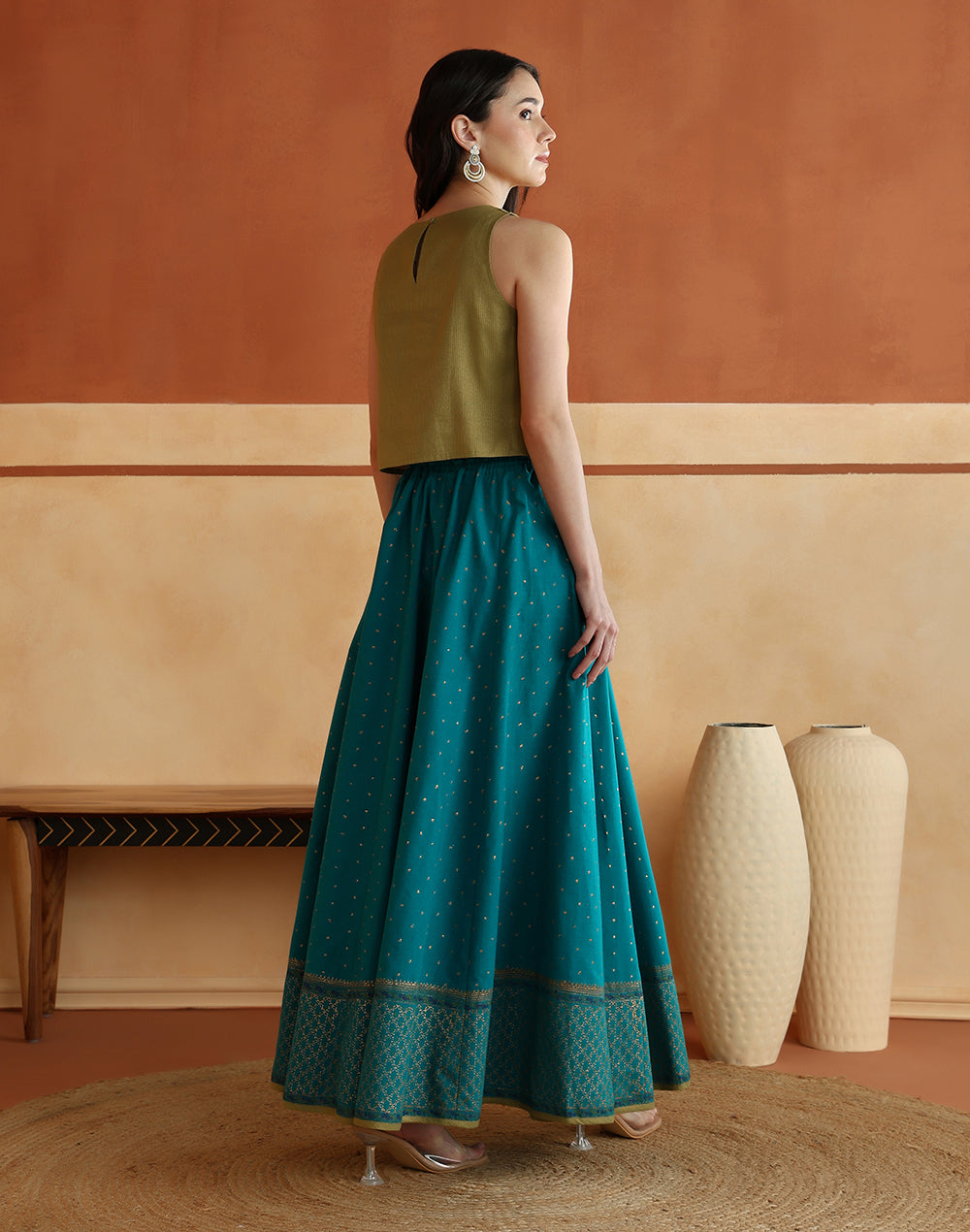 Lime-Teal Cotton Blend Hand Block Printed Skirt Set