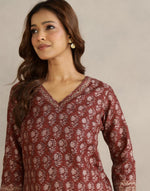 Maroon Cotton Silk Hand Block Printed Slim Fit Short Kurta