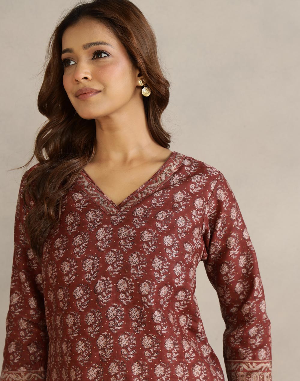 Maroon Cotton Silk Hand Block Printed Slim Fit Short Kurta