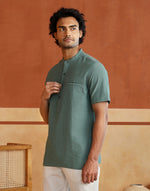 Teal Cotton Striped Slim Fit Mid Placket Shirt