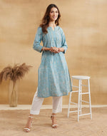 Teal Cotton Hand Block Printed Long Kurta
