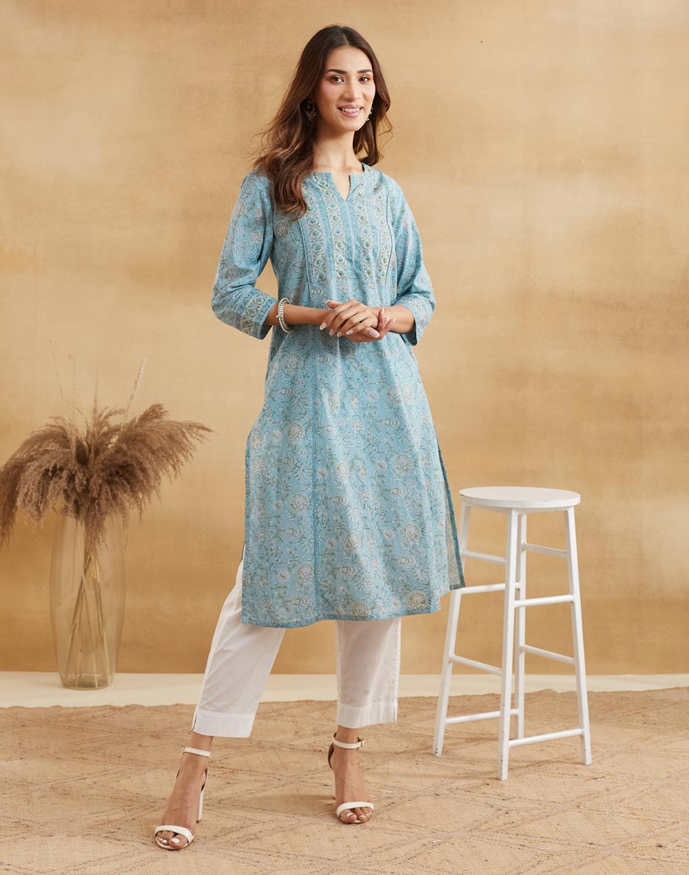 Teal Cotton Hand Block Printed Long Kurta