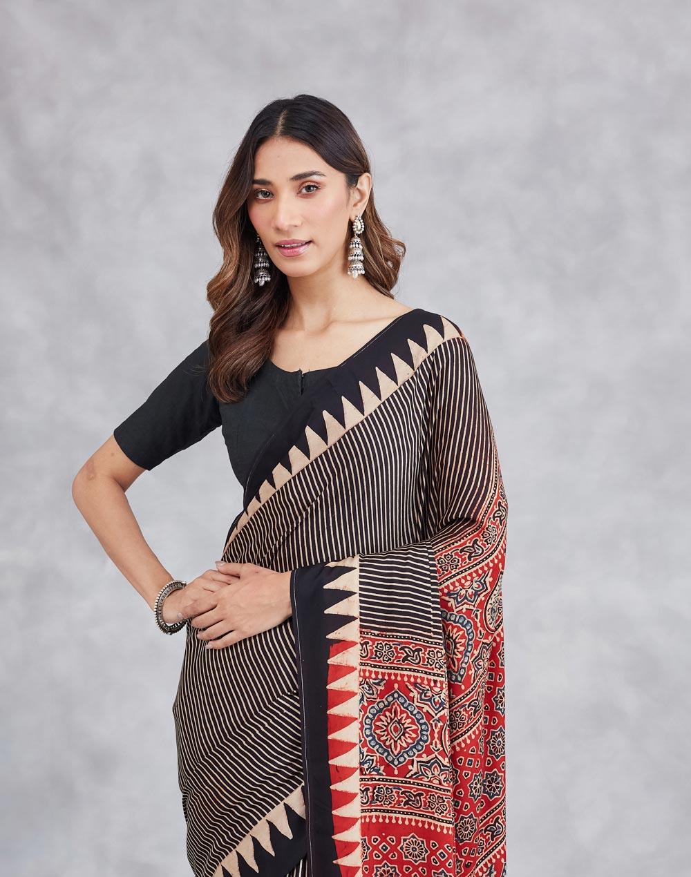 Black Viscose Blend Ajrakh Printed Sari