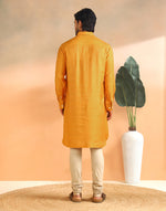 Yellow Viscose Silk Blend Dobby Slim Fit Pathani