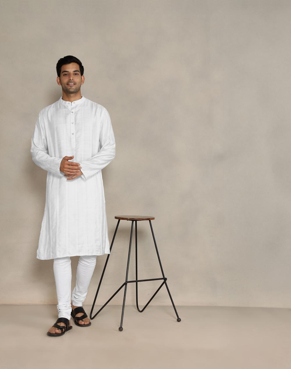 White Viscose Silk Dobby Long Kurta