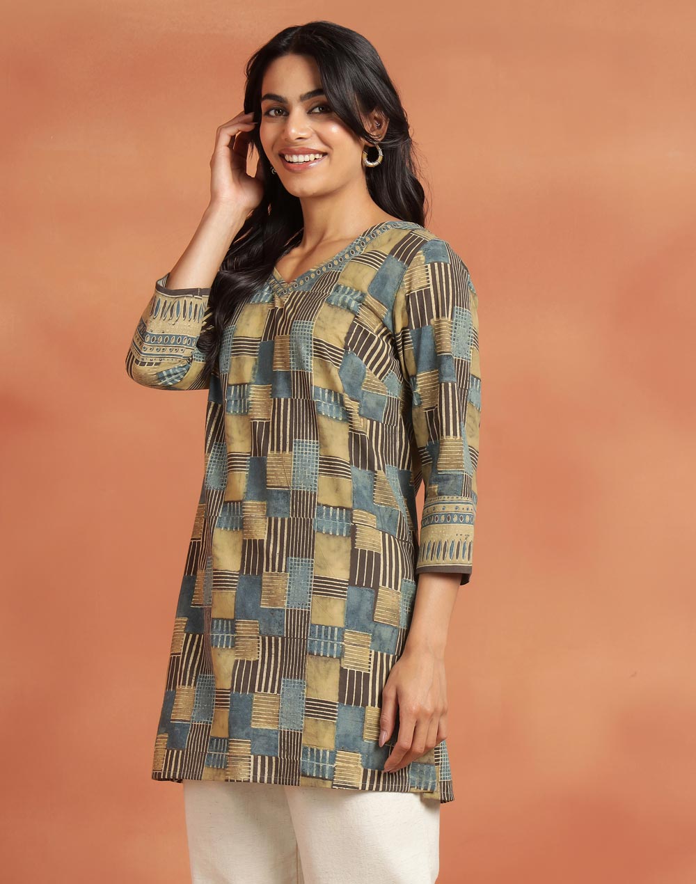 Green Cotton Ajrakh Short Kurta