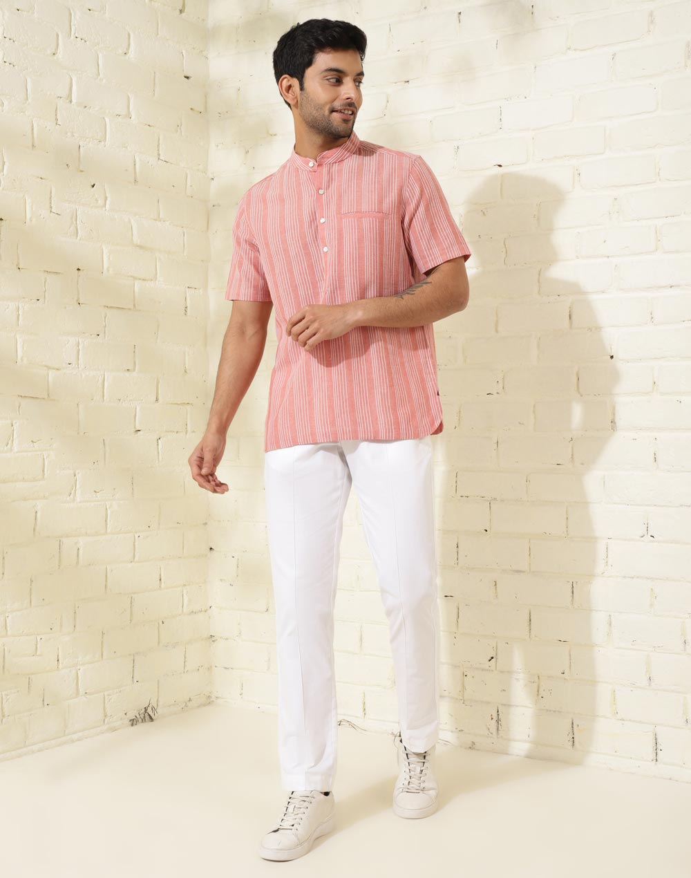Orange  Cotton Dobby Slim Fit Mid Placket Shirt