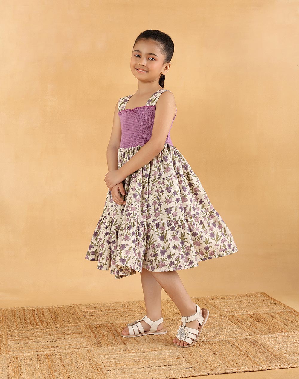 Purple Cotton Hand Block Printed Dress
