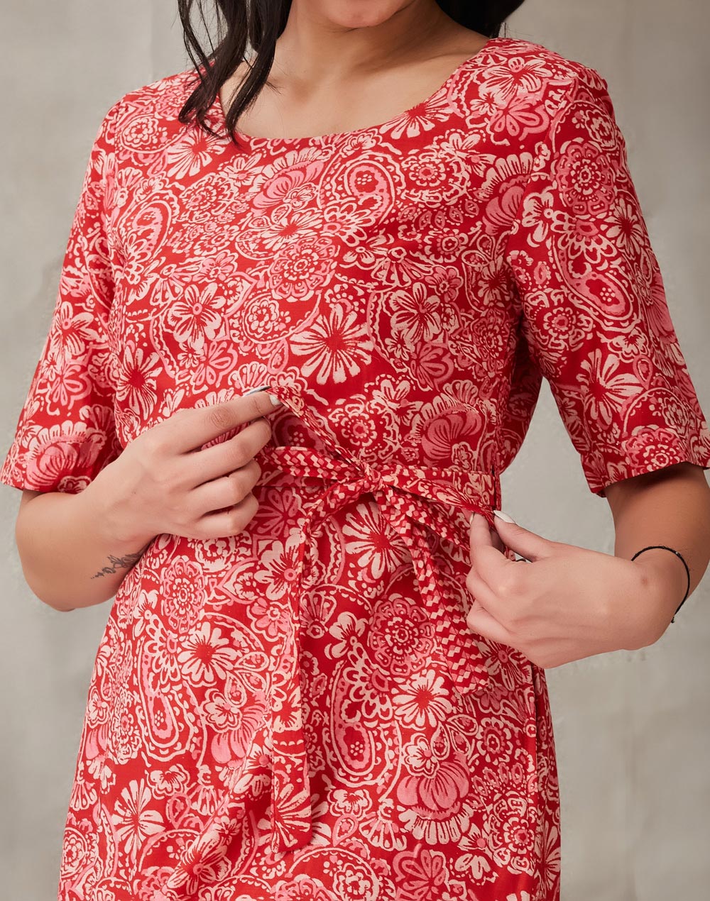 Red Cotton Silk Hand Block Printed Midi Dress