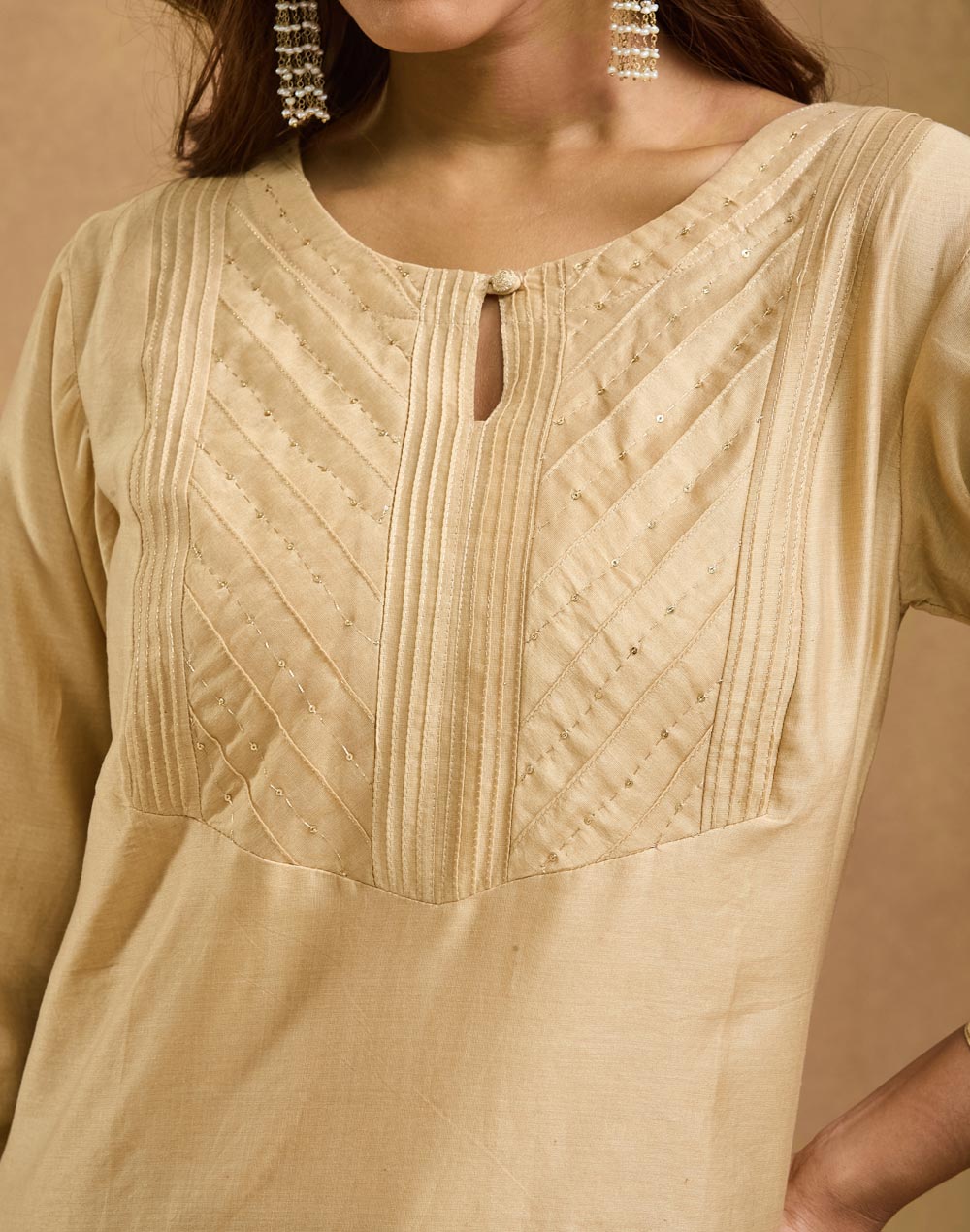Beige Cotton Silk Embroidered Long Kurta