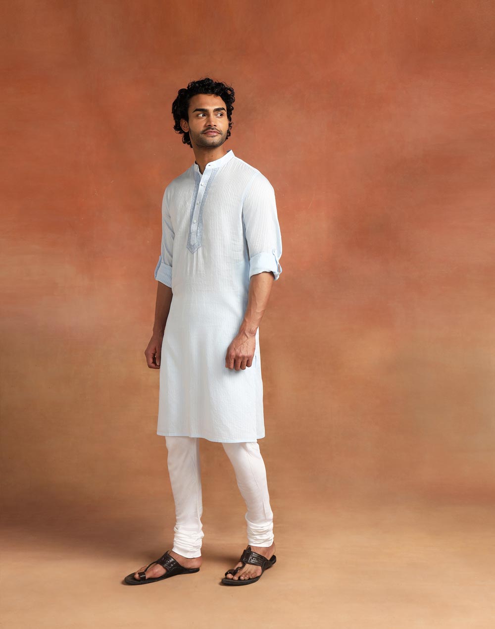 Blue Cotton Chikankari Slim Fit Long Kurta