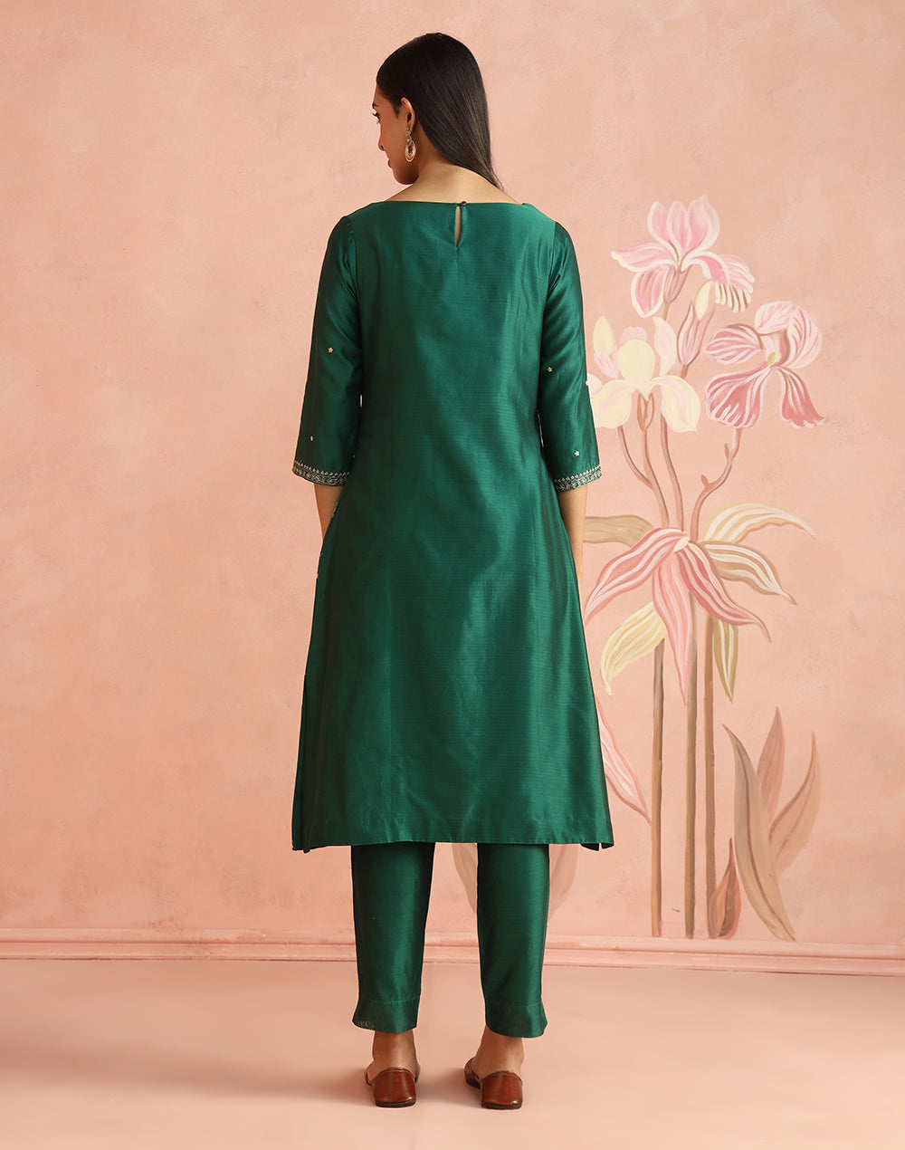 Emerald Cotton Silk Embroidered Long Kurta