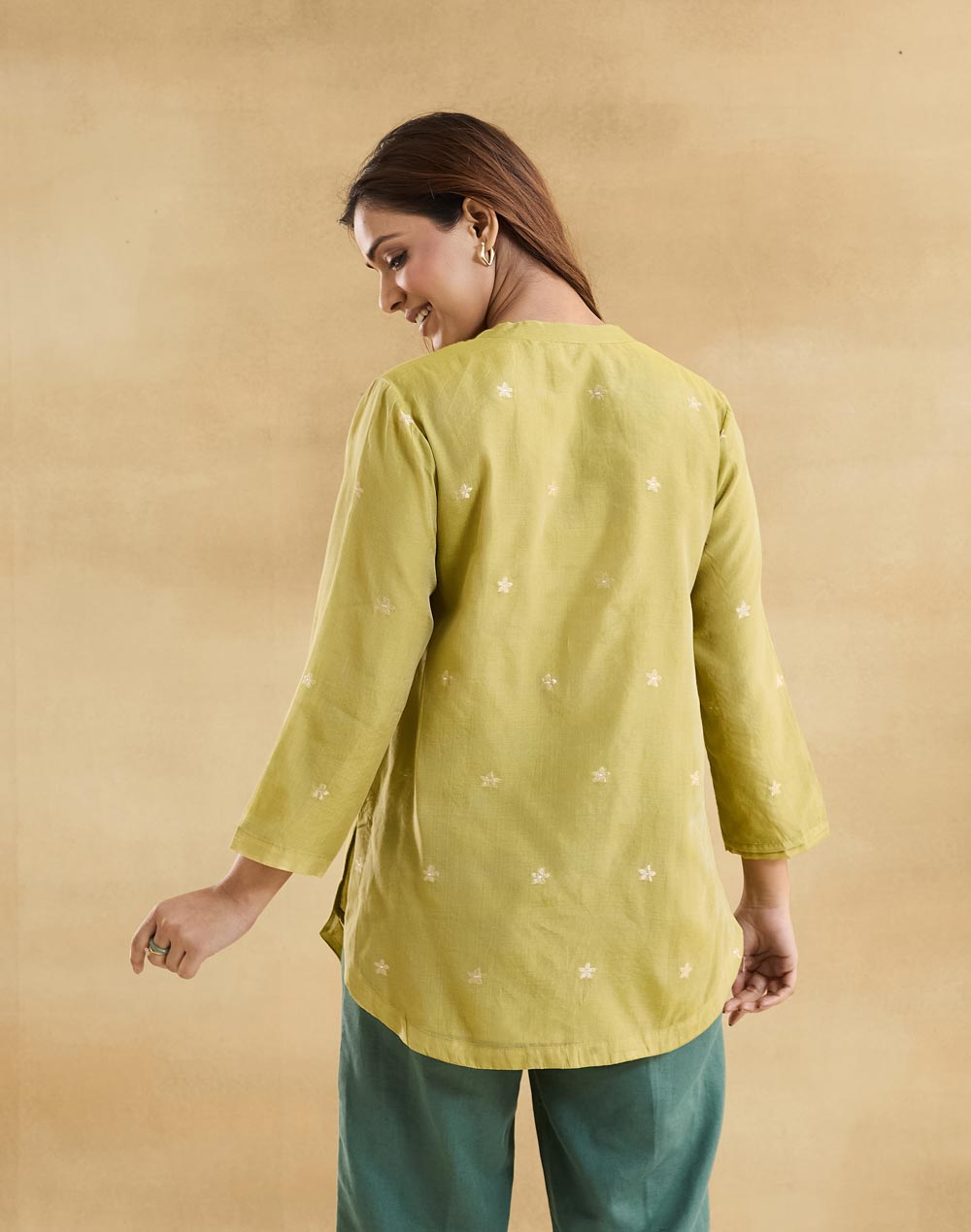 Green Cotton Silk Hand Embroidered Tunic