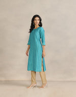 Turquoise Cotton Silk Pintucks Long Kurta