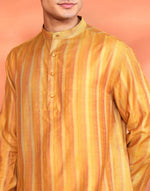 Yellow Viscose Silk Zari Stripe Short Kurta